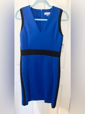 Calvin Klein Royal Blue and Black V-Neck Sheath Dress